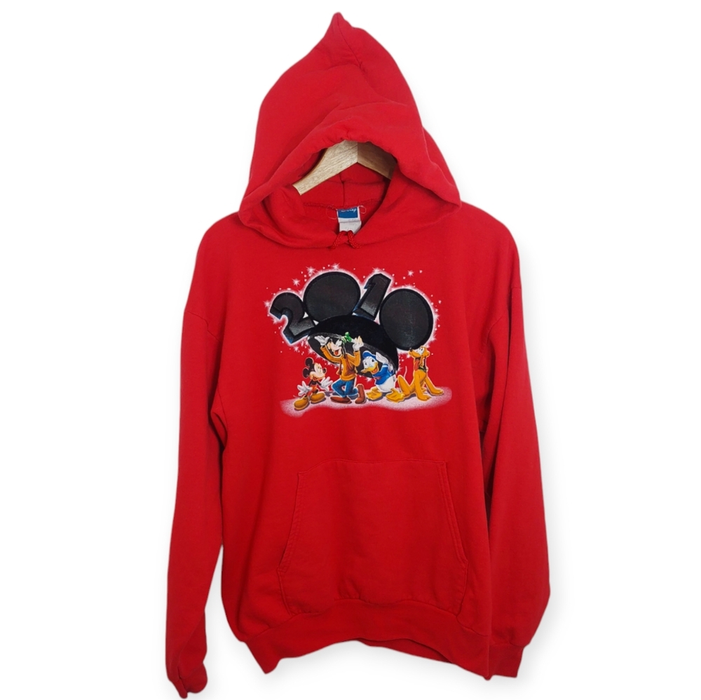 Disney Adult Size Large Hoodie Pullover Red 2010 Goofy Mickey Donald Pluto FLAW